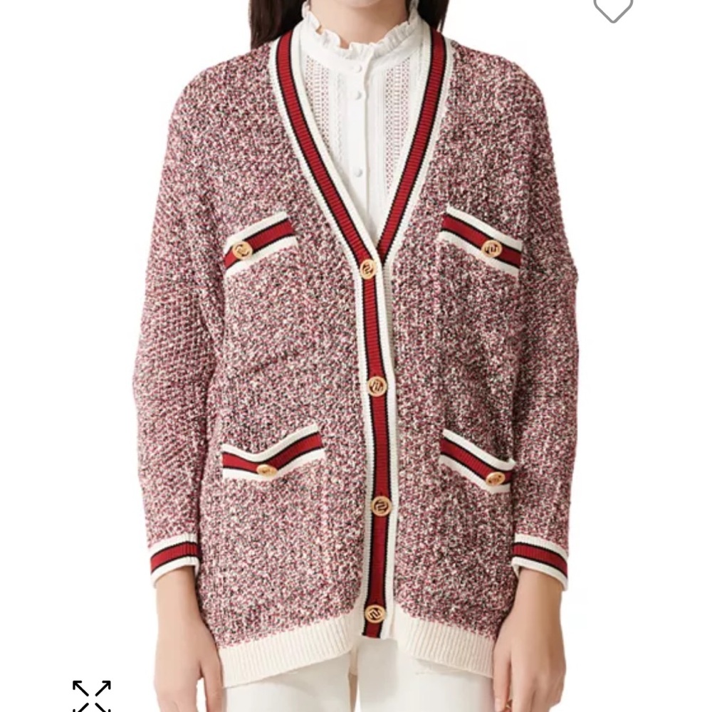 MAJE Mapada Lurex Fancy Knit Cardigan Sz Large Sz 3 Red Varsity Sweater